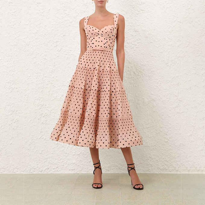 zimmermann pleated draped midi dress pink dot print